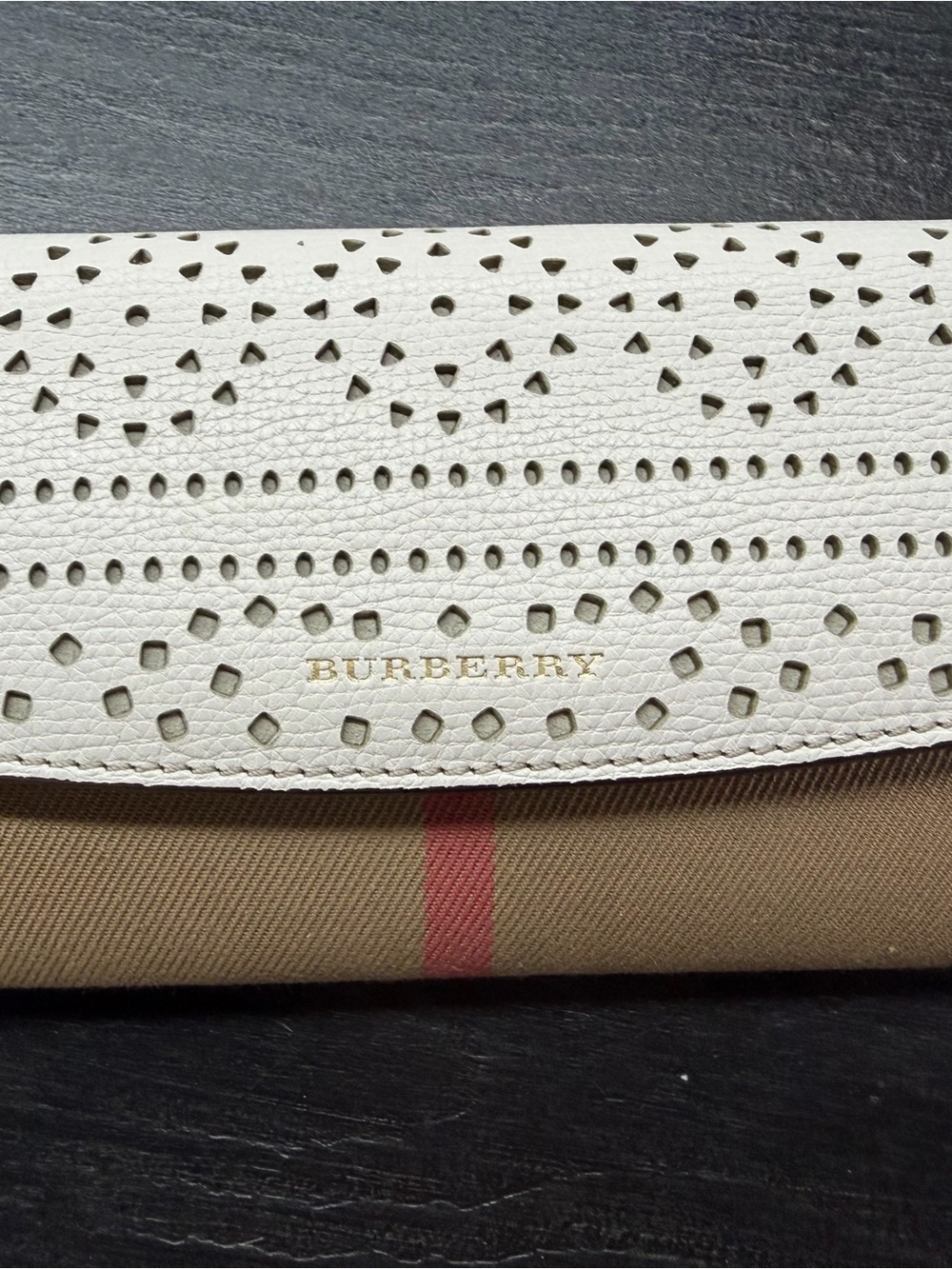 Burberry White Perforated Leather Clutch with Signature Check Trim
